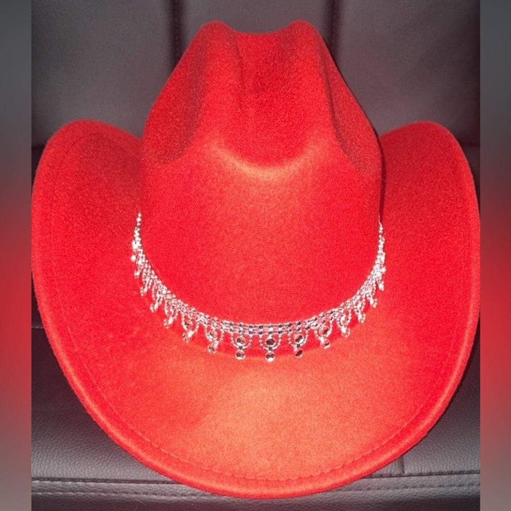 Red Cowboy Hat with Silver Chain